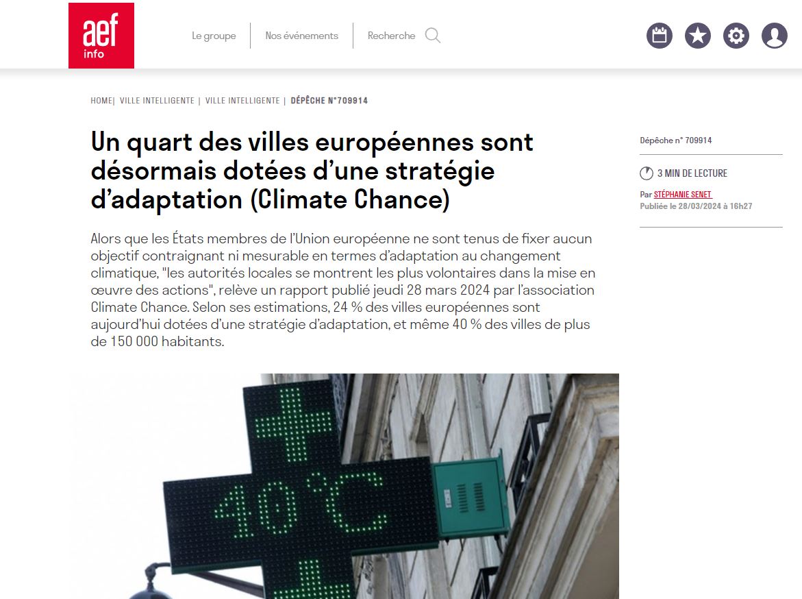 Article « Un quart des villes européennes sont désormais dotées d’une stratégie d’adaptation » par AEF Info